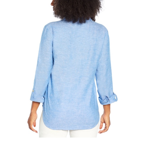 NWT Orvis long sleeve blue linen and rayon top roll cuff with buttons size large - Picture 3 of 9